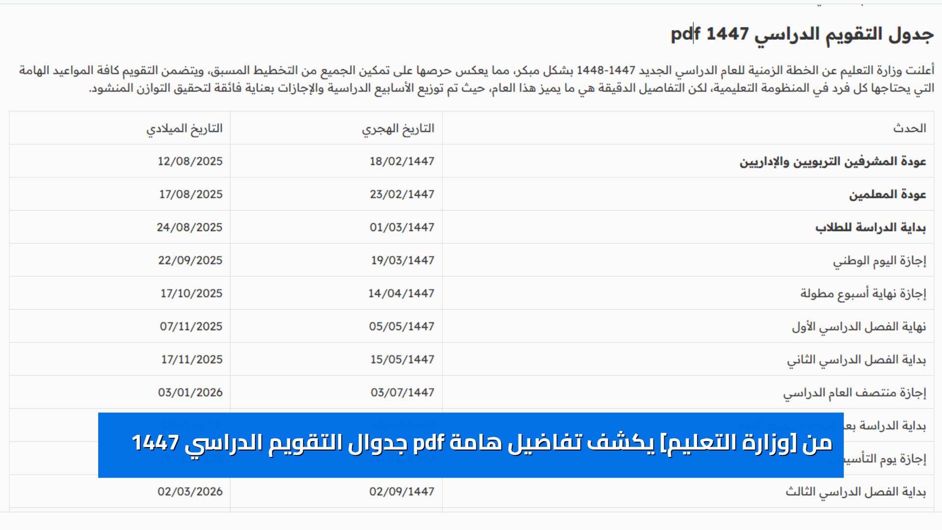 [وزارة التعليم] تُجيب متى تبدأ الدراسة؟ وفق التقويم الدراسي 1447 pdf ومواعيد الإجازات والفصول الثلاثة