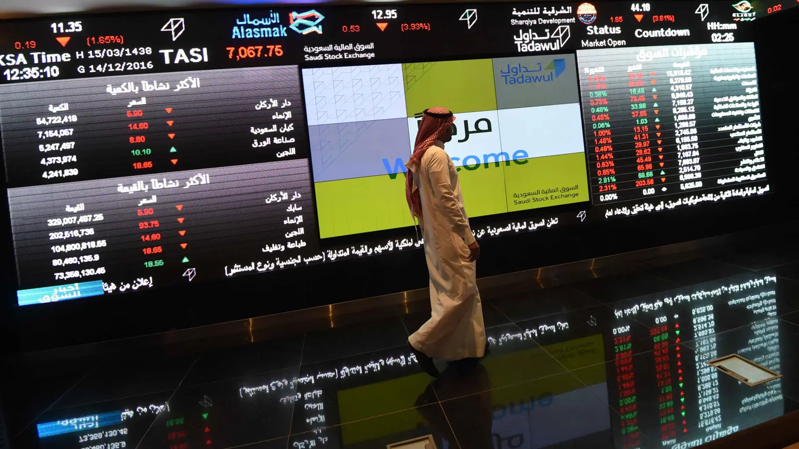متعامل يتابع تحركات الأسهم على شاشات السوق المالية السعودية في العاصمة الرياض يوم 14 ديسمبر 2016.