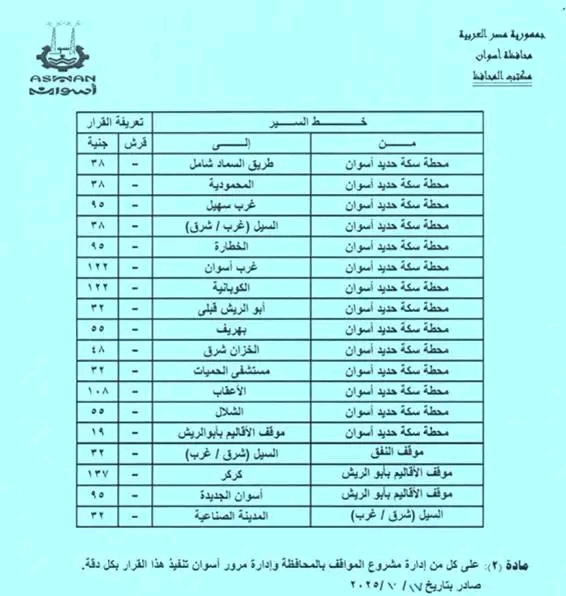 محافظ أسوان يغير أسعار وسائل النقل الداخلية والخارجية بعد ارتفاع سعر البنزين 8 1760665853 535 محافظ أسوان يغير أسعار وسائل النقل الداخلية والخارجية بعد ارتفاع