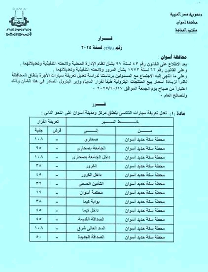 محافظ أسوان يغير أسعار وسائل النقل الداخلية والخارجية بعد ارتفاع سعر البنزين 9 1760665853 629 محافظ أسوان يغير أسعار وسائل النقل الداخلية والخارجية بعد ارتفاع
