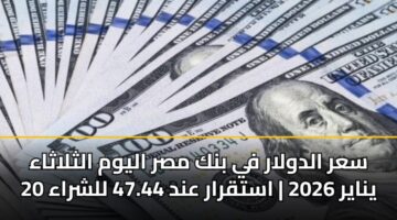 sar aldwlar fy bnk msr alywm althlathaa 20 ynayr 2026 astqrar and 47.44 llshraa